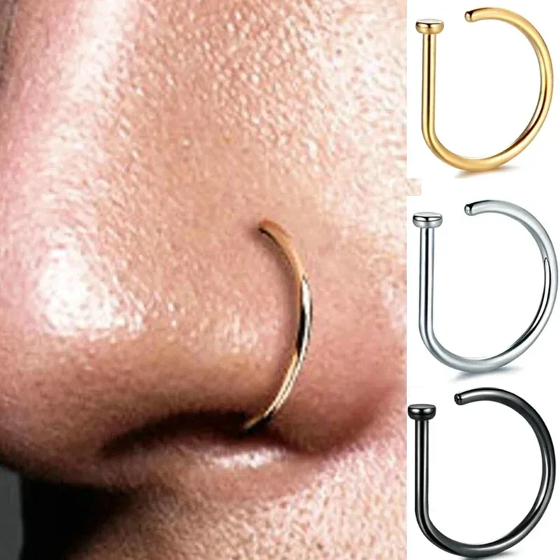 New Curved Barbells Fake Nose Piercing D Shaped Tragus Helix Stud Earring Hoop Septum Stainless Steel Ring Nostril Body Jewelry