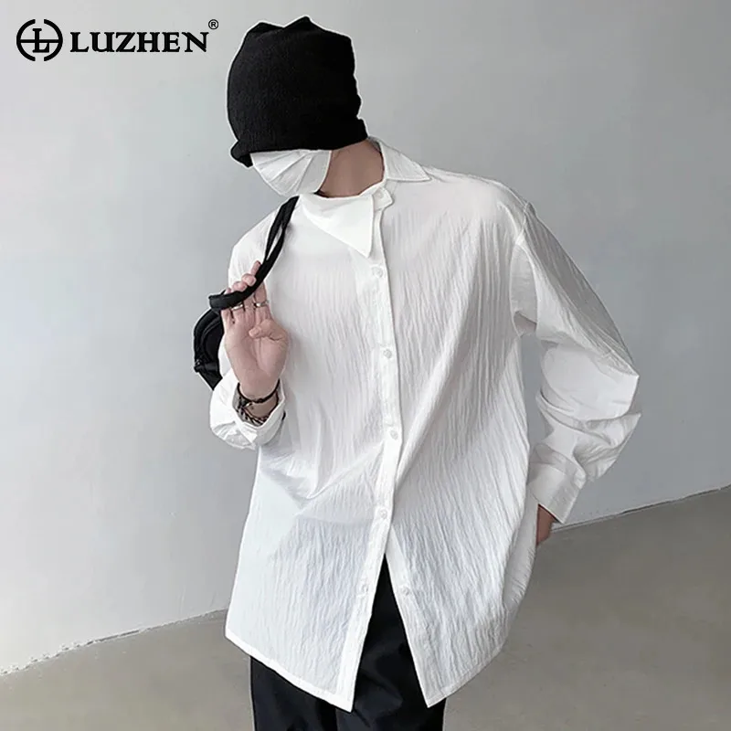 LUZHEN Asymmetric Collar Pleated Design Solid Color Long Sleeved Shirts Niche Original Men's Korean Street Trendy Tops LZ7083