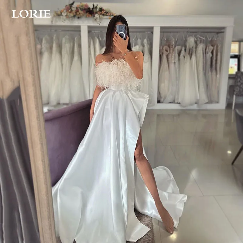 

LORIE Feather Strapless Wedding Dresses A Line Side Split Bridal Dress vestidos de novia Elegant Satin Wedding Party Gowns 2024