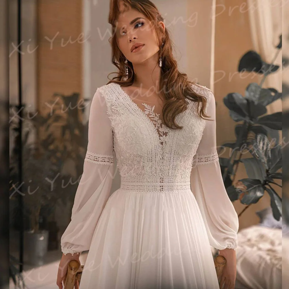 Vestido De novia De corte en A para mujer, apliques elegantes, vestidos De novia De encaje, cuello en V clásico, manga larga