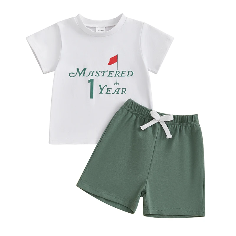 

Baby Boys Birthday Shorts Sets Short Sleeve Golf Letter Print Tops and Solid Color Shorts