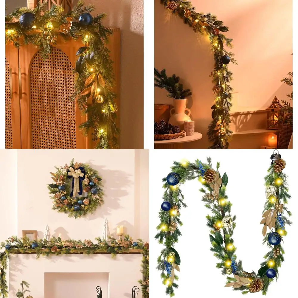

9-футовая рождественская гирлянда синего цвета с медным подсветкой, сосновыми шишками и бантами для домашнего и наружного праздничного декора