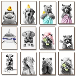 Black and White Funny Bathroom Poster Toilet Shark Bear Raccoon with Brush and Soap Canvas Painting Room Home Wall Decors