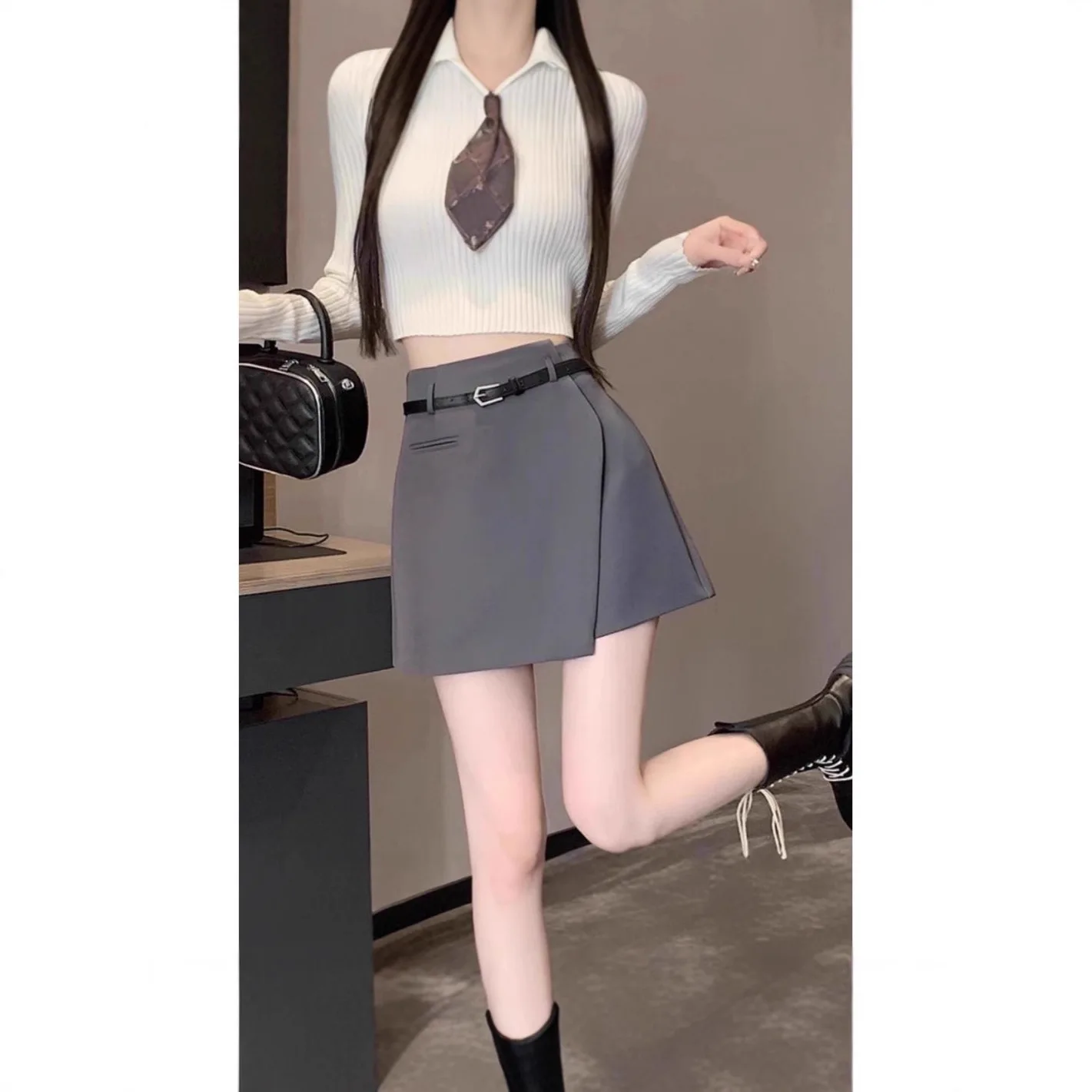 High Waist A-Line  Skirt Pantsuit Short Shorts Women's Spring Autumn Black Uneven Hemline Cute Style Polyester Blend