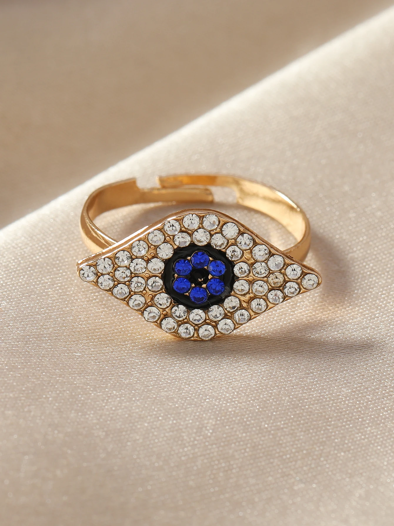 Gold Plated Evil Eye Ring Women Sparkling Rhinestone Blue Crystal Open Adjustable Ring Turkish Nazar Amulet Statement Jewelry