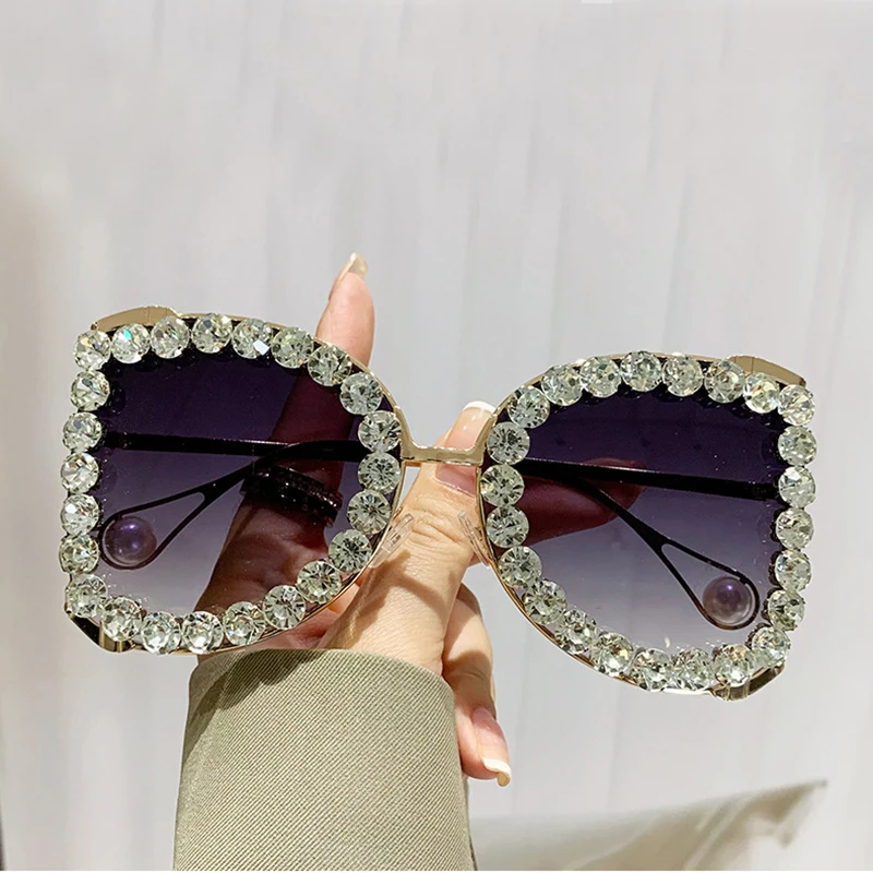 Modne Vintage diamentowe oversize okulary przeciwsłoneczne damskie luksusowe markowe okulary przeciwsłoneczne duże oprawki Punk Crystal — zdjęcie 4