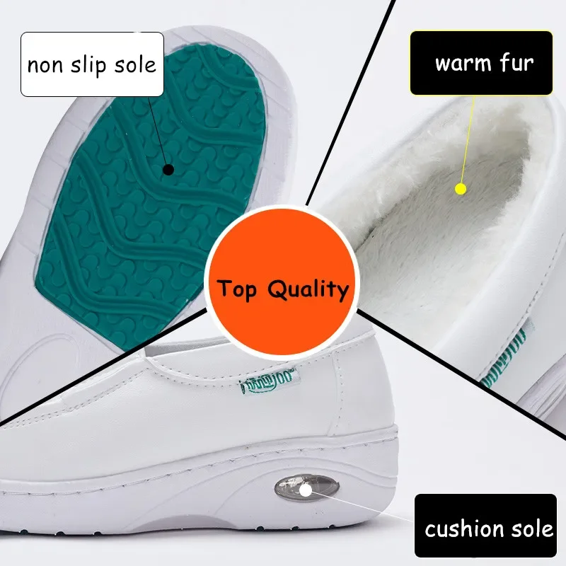 YAERNI Air Cushion White Nurse Shoes Winter Flats  Platform Sneakers Warm Moccasins with Fur Slip on Loafers Cotton Shoes