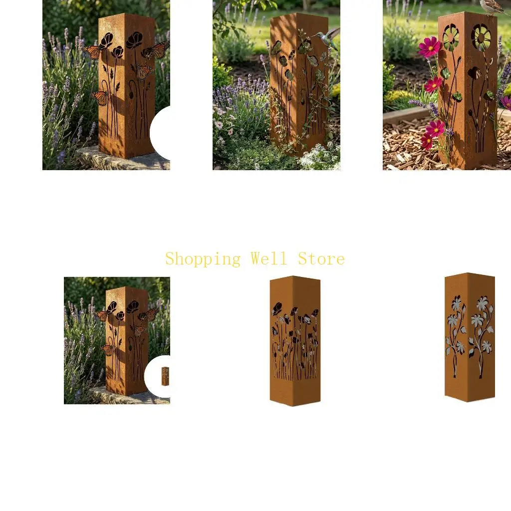 KX4B Stable Tall Metal Garden Ornament With Intricate Carving Artistic Garden Stake