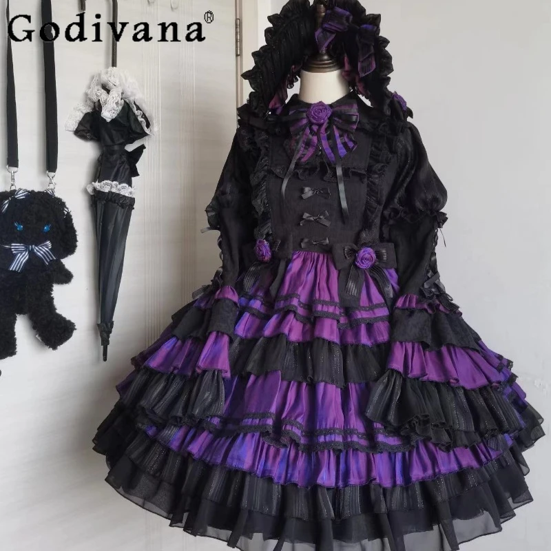 

Lolita Gothic Black Purple Mid-Length Dress Women's Japanese Style Sweet Lolita Dress Female Birthday Party Dress and Headwear