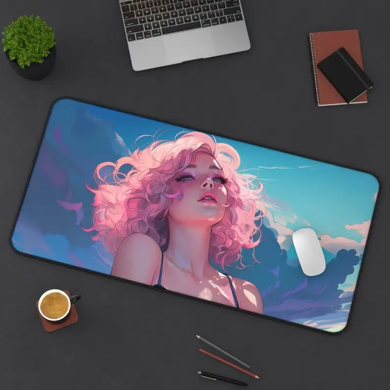 Pink Hair Pattern Table Mat, Blue Sky Desktop Decoration, Non-slip Waterproof Gaming Mouse Pad, Perfect Gift for Friends