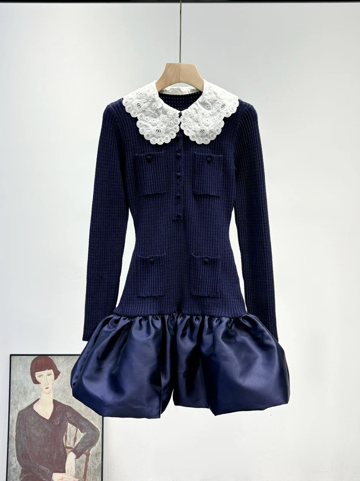 Women's Autumn and Winter Fashion Doll Collar Stitching Knitted Skirt