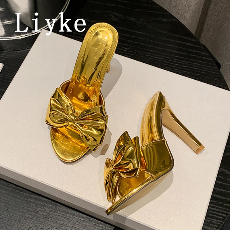 Liyke 2024 New Cozy Patent Leather Women\'s 10.5CM Slippers Fashion Bowknot High Heels Female Mules Slides Summer Sandals Shoes