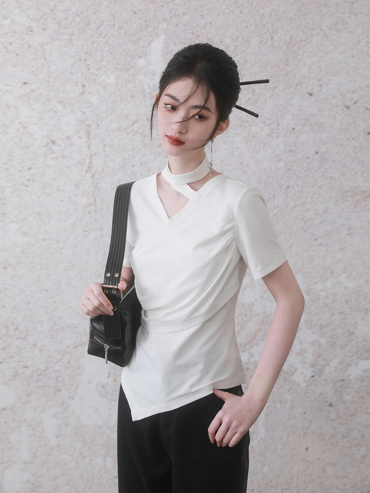 

Женская весенняя футболка INGKO из хлопка и полиэстера с эластичным волокном, белая, новая, в китайском стиле, с отстегивающимся рукавом, без складок