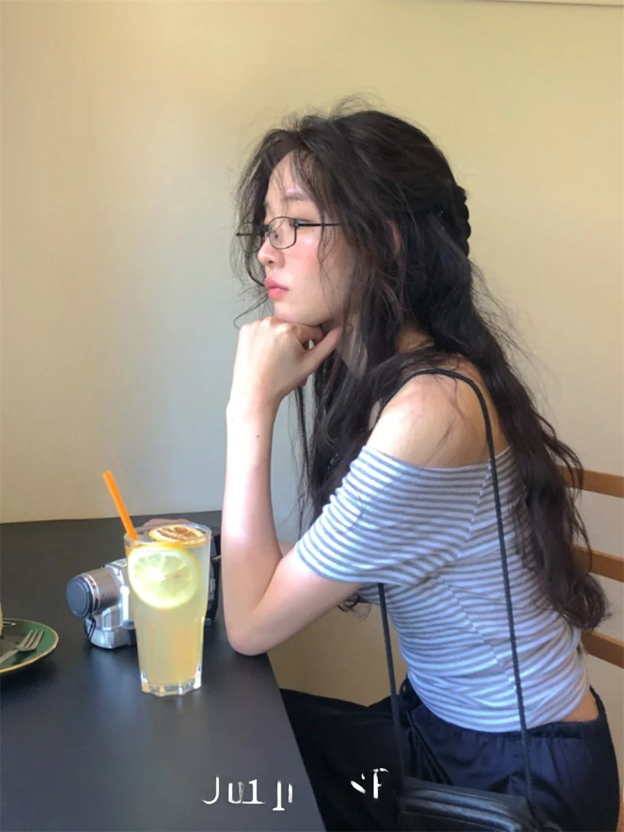 فريدة من نوعها SEI الكورية Sle الشارع الشهير الصيف oulder baring شريط سليم صالح ort Sve تي شيرت علوي عادية تخفيف Faion #2