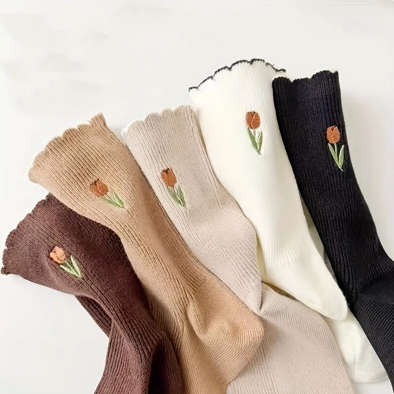 5 Pairs of Socks Women'S Mid-Tube Autumn And Winter Solid Color Lace Women'S Sock Retro Flower Tulip Korean Style Trendy Casual