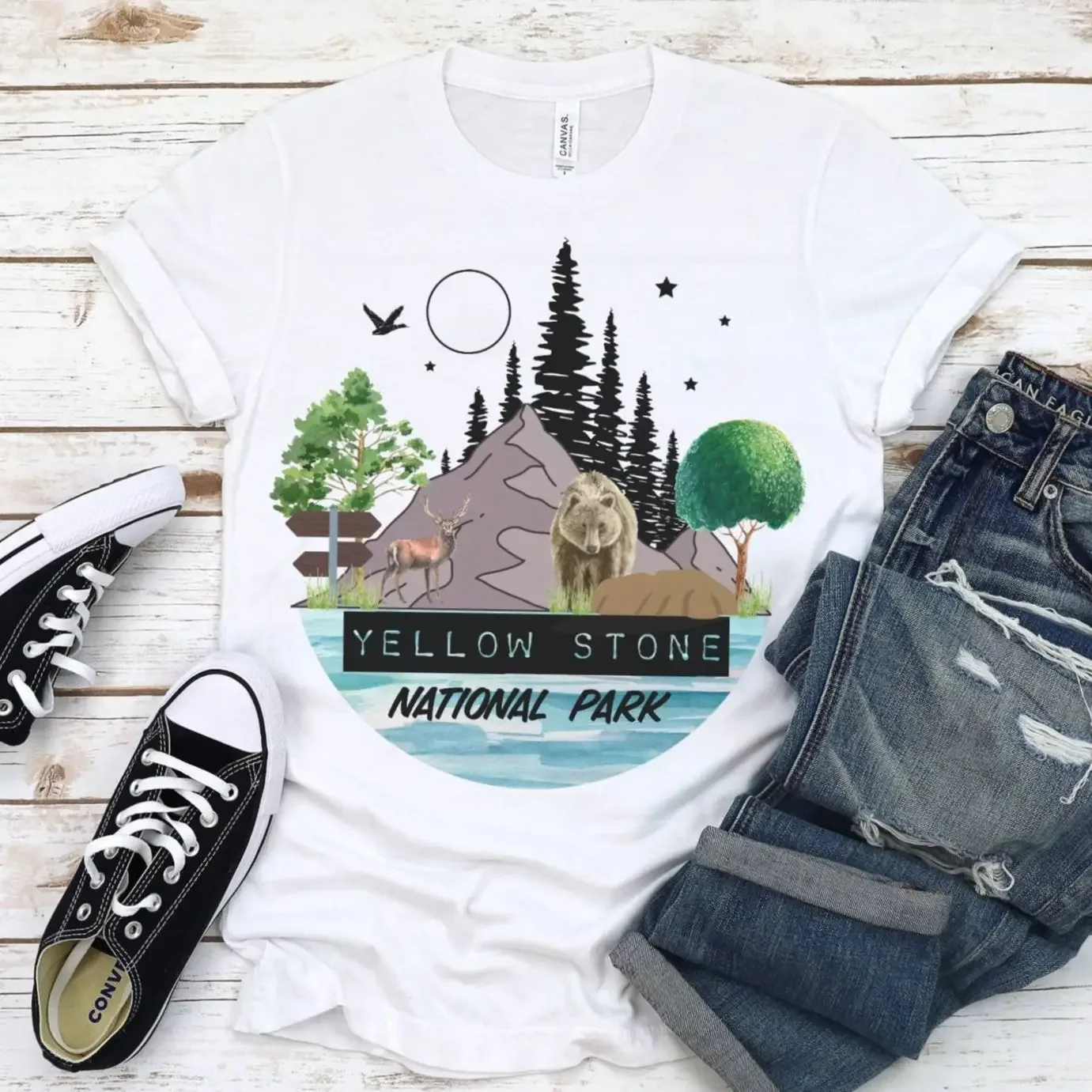 Women T Shirt Yellowstone National Park Print Harajuku Top Casual Ladies Basic O-collar Tee Short Sleeved Girl Fashion Clothing