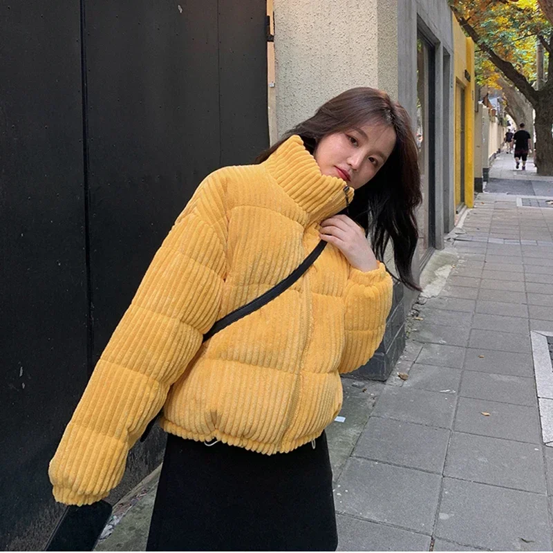 

2024 New Winter Corduroy Short Jacket Women Korean Style Thick Zipper Cotton Parkas Woman Stand Collor Warm Outwear Bubble Coats