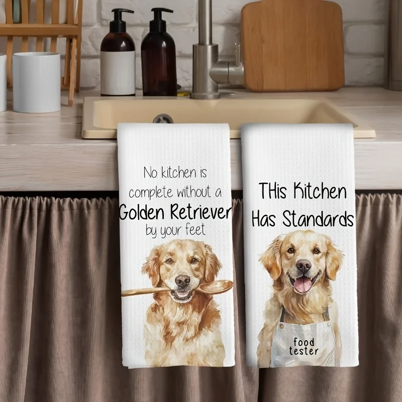 2Pcs, Fun Golden Retriever Kitchen Towels, 40Cm*60Cm Towel Set, Soft Absorbent Polyester Fiber Tea Towels, Suitable for Home Decoration