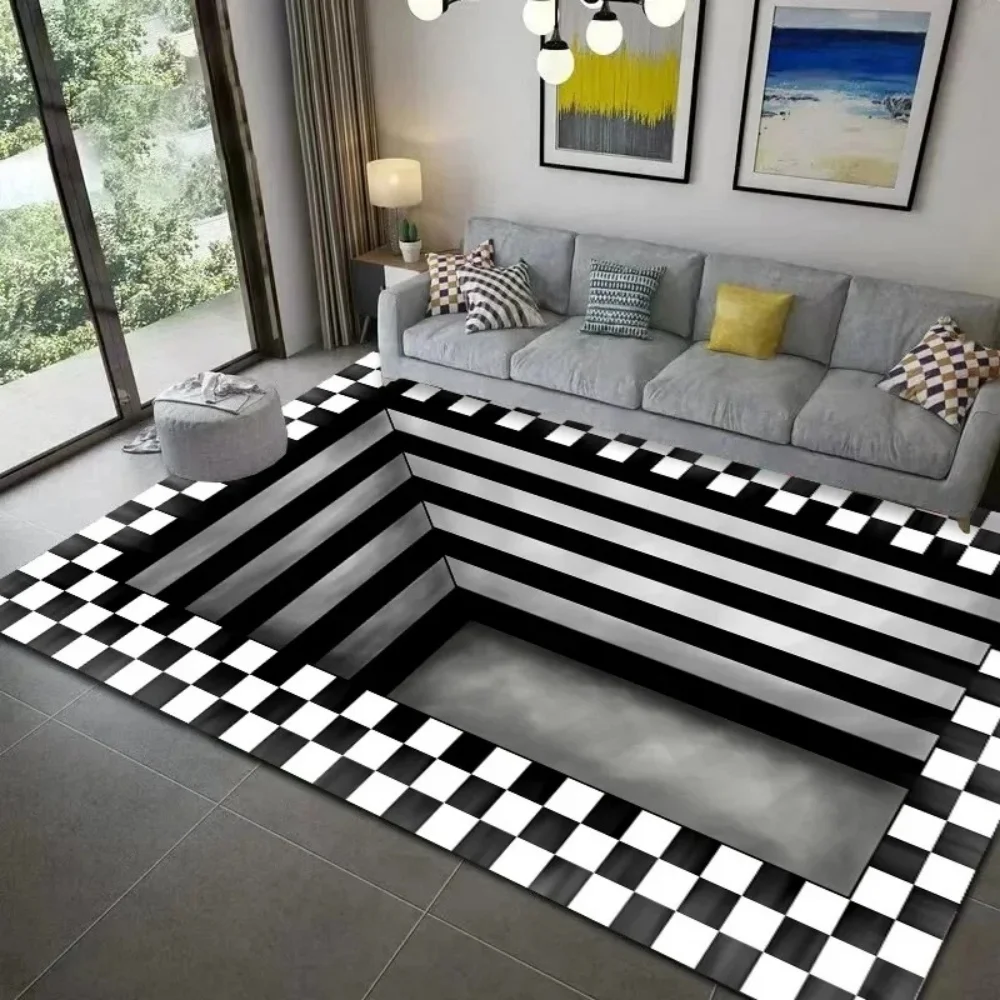 3D Geometric Vortex Spiral Area Rug Black White Grey Non Slip Soft Floor Mat for Living Room Bedroom Tech Inspired Interiors
