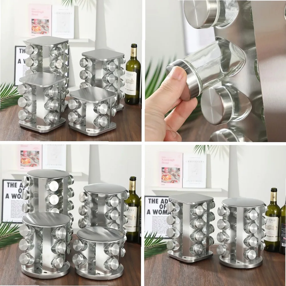 

New Style Rotating Tray Spice Rack with Round Bottle Stainless Steel Kitchen Organizer Pantry Cabinet For Seasoning Storage