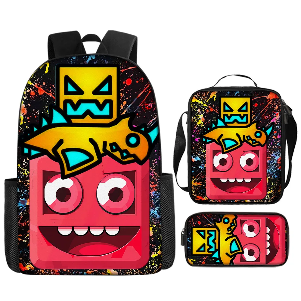 Cartoon Geometry Dash Child School Backpack with Shoulder Bag Pencil Bags School Bags for Boys Girls Best Gift