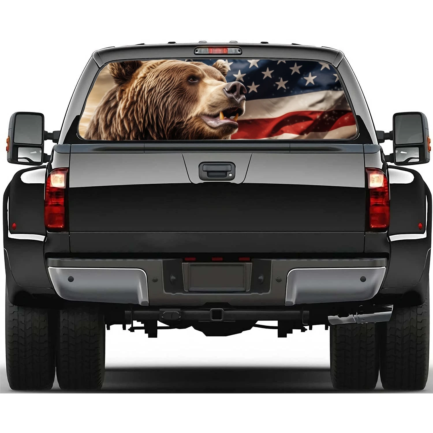 Brown Bear With American Flag Rear Window Decal Fit Pickup,Truck,Car Universal See Through Perforated Back Windows Vinyl Sticker