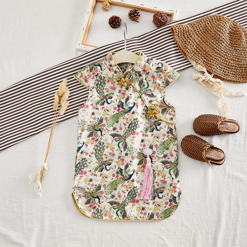 2024 Summer New Primary And Secondary Girls Chinese Style Style Retro Gingham Cheongsam Dress Son Send Hanging Ornaments