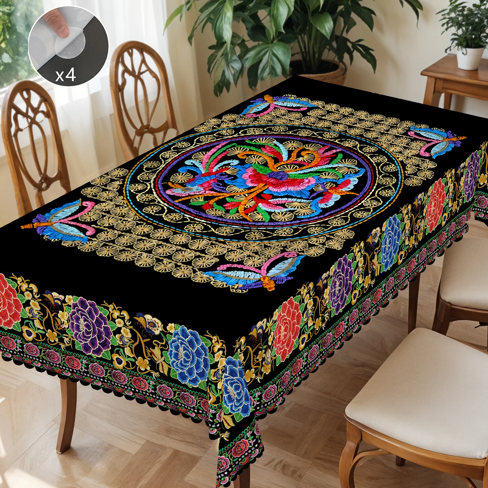 1 Piece, Ethnic Embroider Style Theme Tablecloth + 4 Pieces Self-Adhesive, 2D Flat Pattern Imitation Embroider Printing, Colorful Flower and Bird Pattern, Suitable for Home Kitchen Room Decoration, Party Holiday Decoration Tablecloth, Indoor and Outdoor Personalized Decoration, Perfect Gift for Family and Friends, Square and Round Tablecloth Table Cover - Printing-093