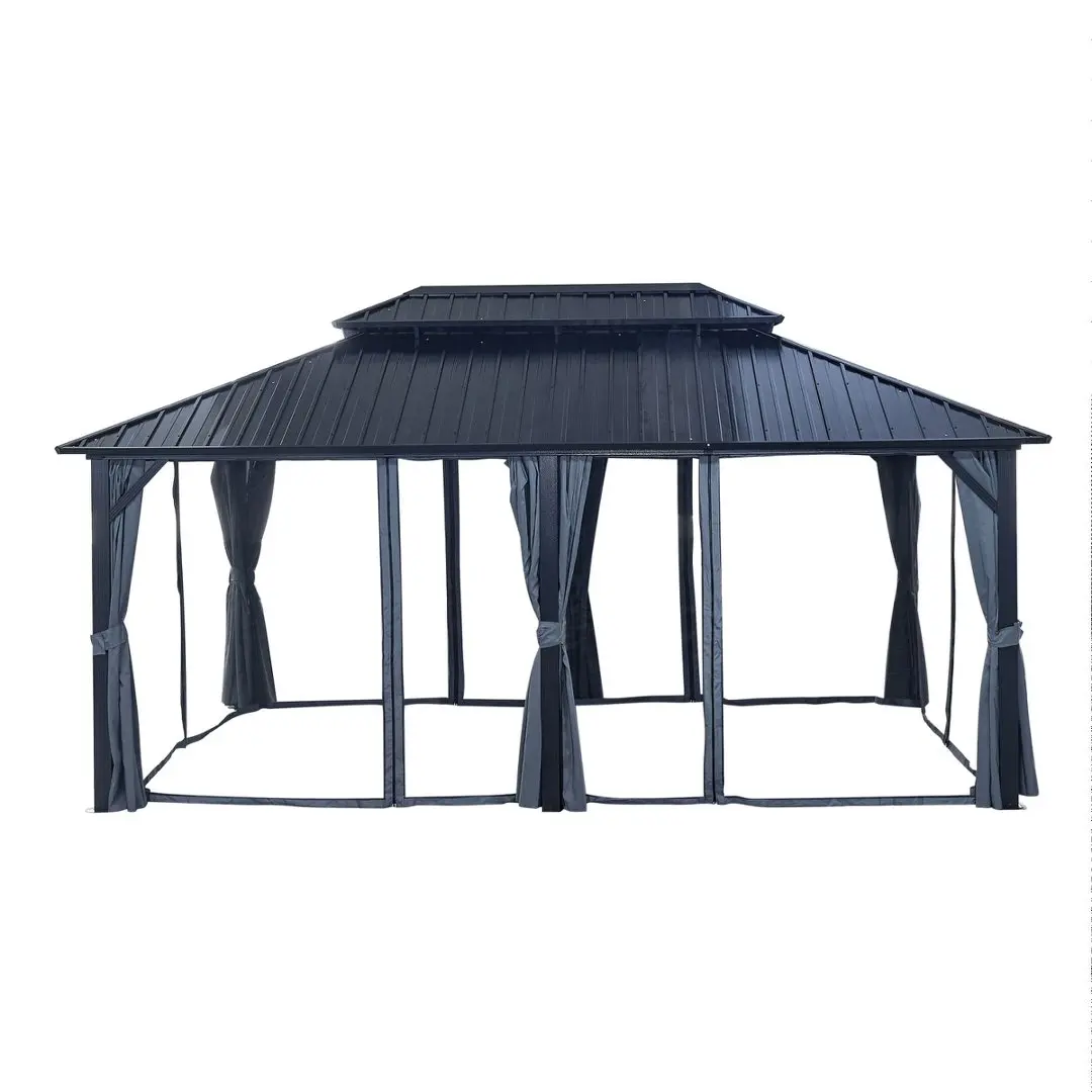 12' x 18 FT Hardtop Gazebo, Double‑Layer Roof Outdoor Patio Gazebo, Heavy‑Duty Aluminum Legs & Galvanized Steel Roof Canopy with Privacy Curtains & Netting for Backyard Lawn Garden Outdoor Events view 2