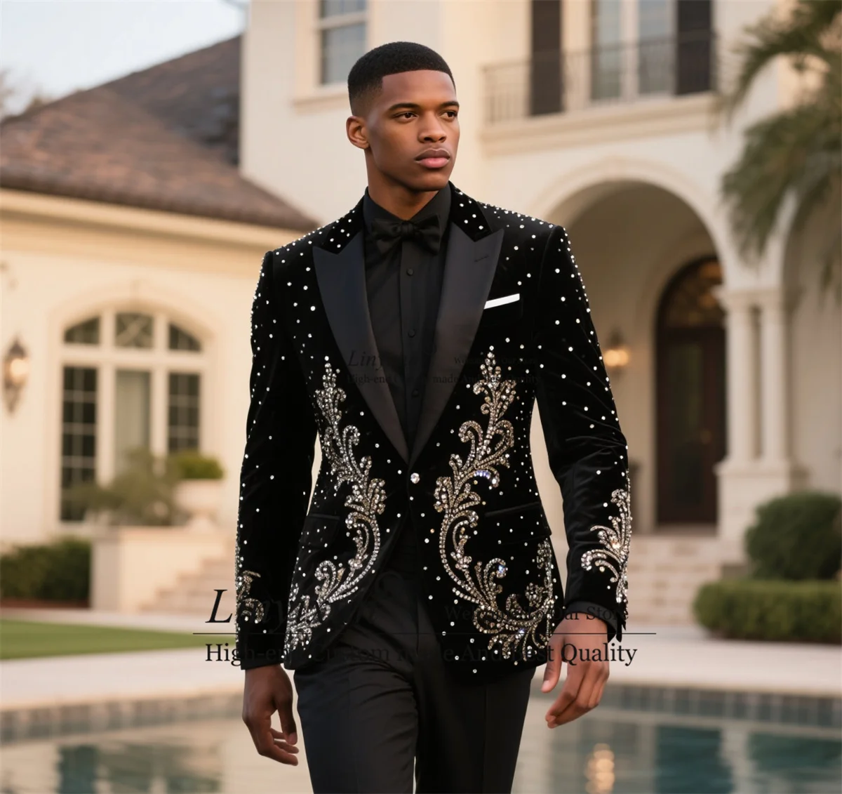 

Glitter Rhinestones Diamond Tuxedos Men Suits 2 Piece Sets Male Prom Blazers Customized Wedding Slim Fit Groom Costume Homme