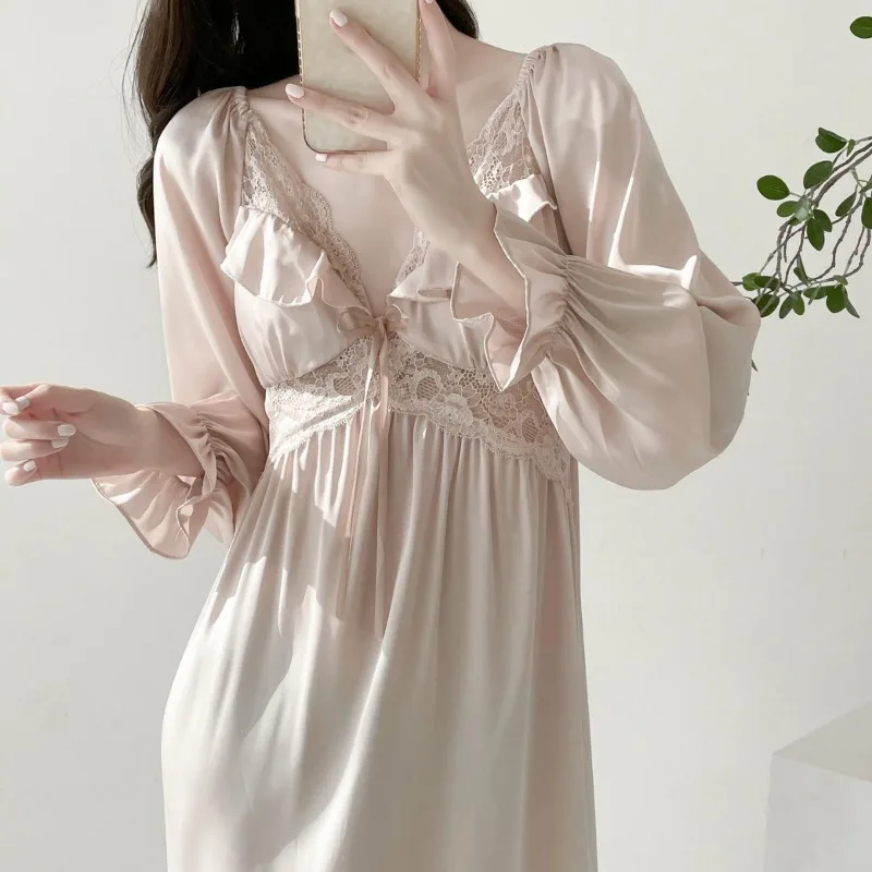 

Women Sleepwear Princess Sleeping Skirt Long Sleeve Lace Dress French Nightgown Elegant Long Nightgowns Spring Nightie Y