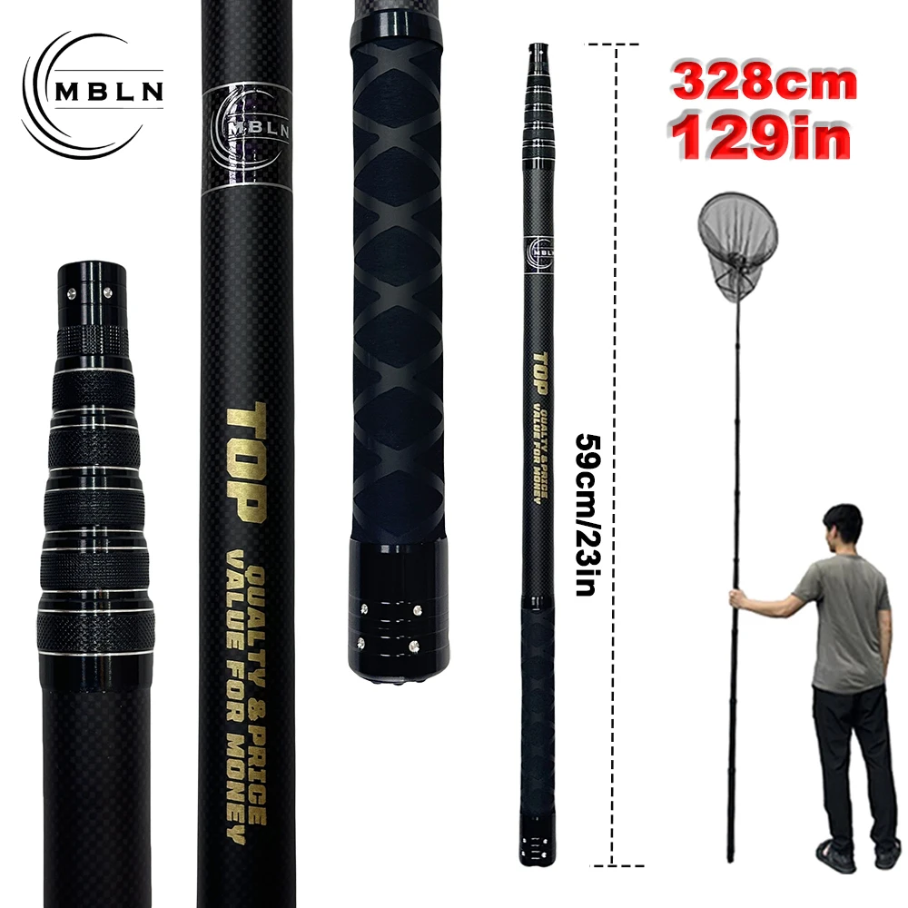 MBLN Brand,328cm/129inch Total Length,Ultralight Total 414g,Portable Landing Net,Carbon Net Handle,Aluminum Alloy net head