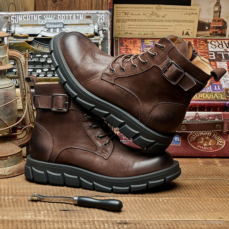 So Cool ! Retro Coffe Color Men's Heightened Motorcycle Work Boots Top Layer Cowhide Leather  Shoes Young Man