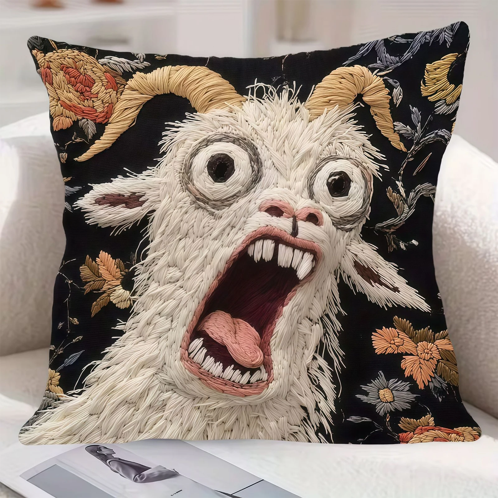 Screaming Goat Throw Pillow Cover 45x45cm Hilarious Animal Graphic Decorative Pillowcase for Sofa Couch Bed Living Room Decor