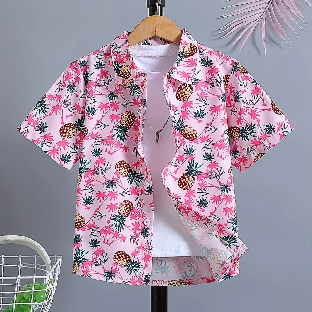 Hawaiianisches Kinderhemd, Kokosnussbaum-Muster, bedruckt, kurzärmeliges Kinderhemd, Urlaub, Meer, Oberteile, Outdoor-Kinderkleidung