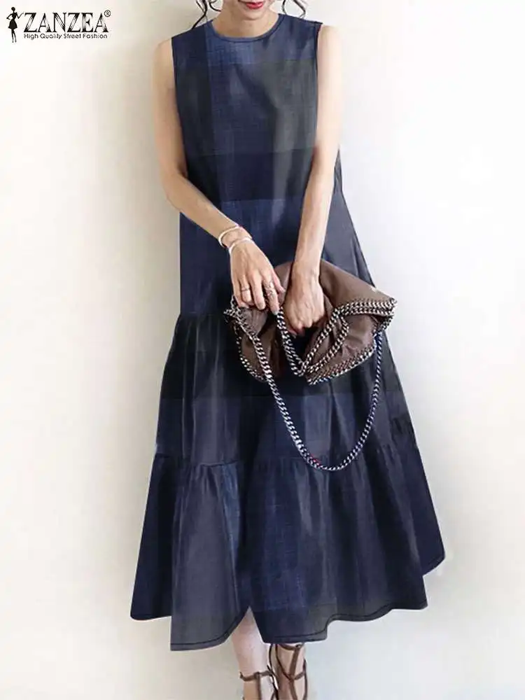 ZANZEA Elegant Women Sleeveless Dress Summer Holiday Party Sundress Vintage Tanks Robe Femme O Neck Ruffles Hem Vestidos Kaftan