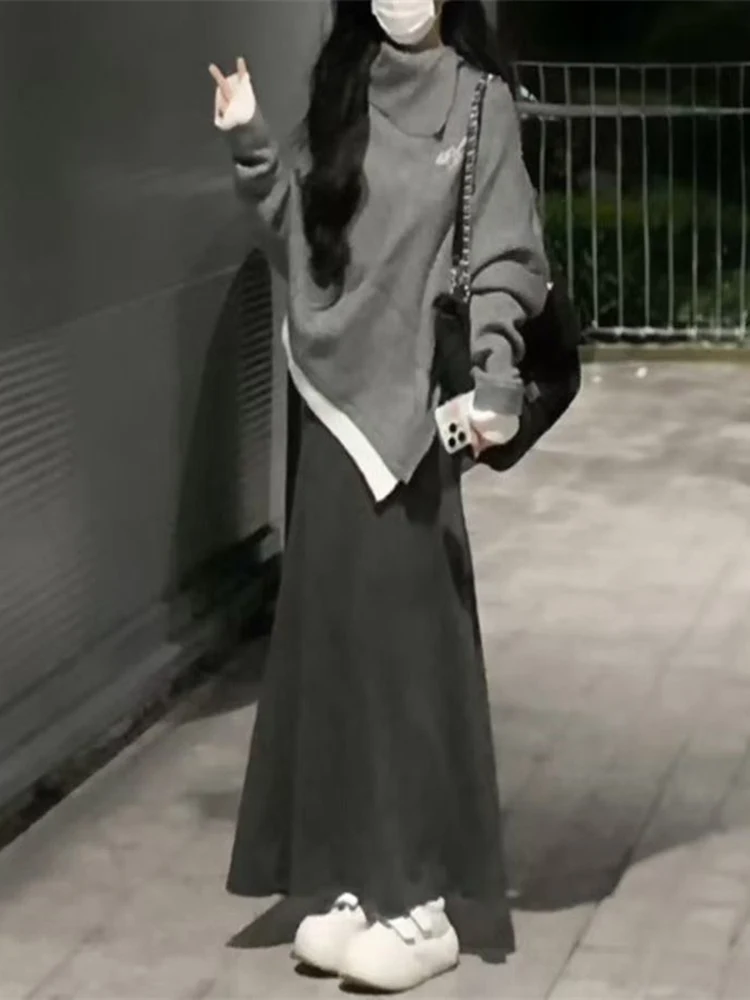 

Ретро японский асимметричный вязаный свитер с высоким воротником и юбка, комплект женской шерстяной юбки f-длины, ансамбль