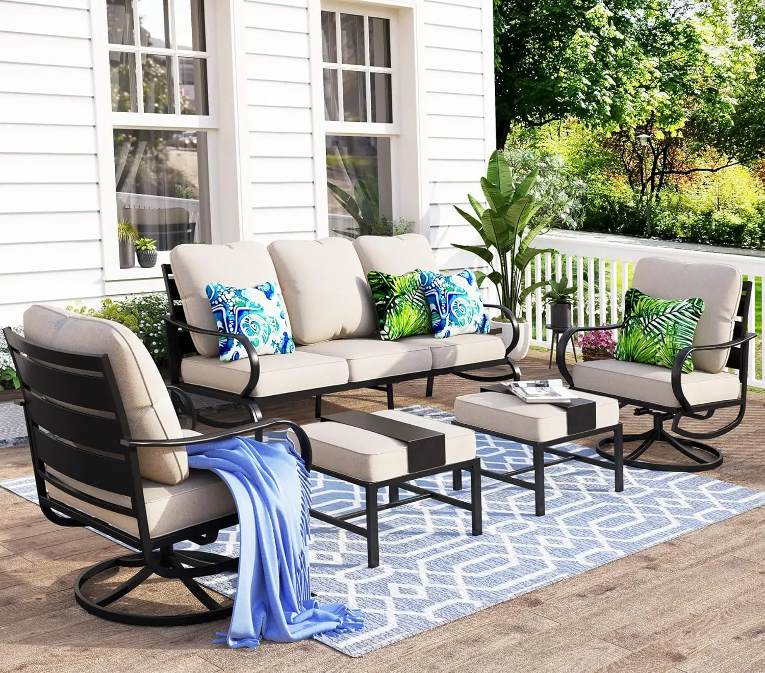 

5 Pieces Patio Conversation Sets,Outdoor Metal Furniture Sofas with Seat Sofa, Swivel Chairs,Ottoman,Wrought Iron Frame