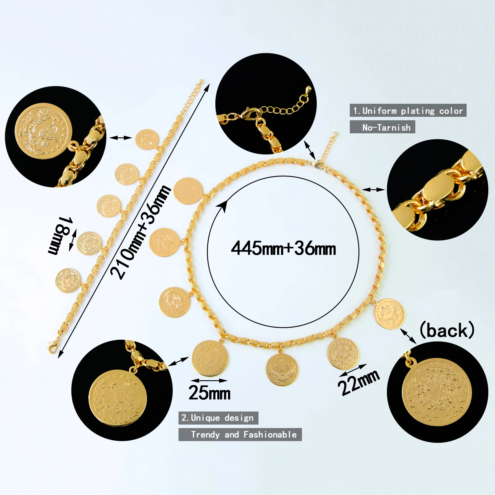 Arabisches Mode-Münzschmuckset, 21k vergoldet, Dubai Braut Hochzeit Halskette Armband Habesha Damen Event Party Schmuck – Detail 2