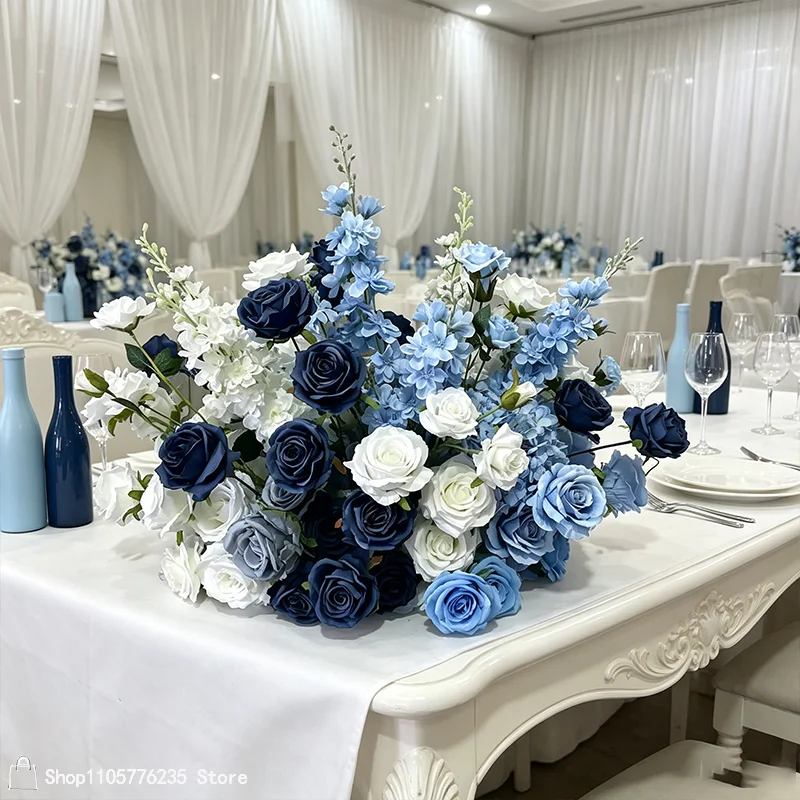 Künstliches Blau-Weißes Rosen-Blumenarrangement Hochzeitstisch-Mittelstück Hortensien-Delphinium-Bouquet Outdoor-Party-Bankett-Dekoration – Detail 7