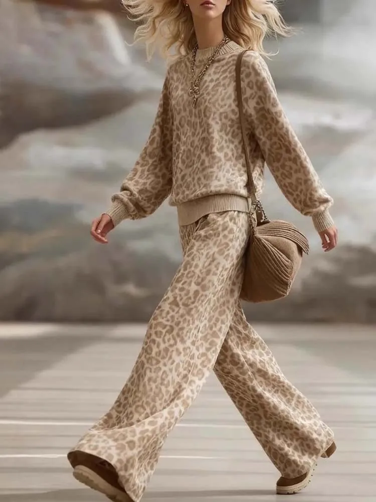 Damski komplet sportowy w stylu vintage z nadrukiem panterki, luźny, casualowy, nowość 2026, bluza z okrągłym dekoltem i szerokie spodnie, zestaw dwuczęściowy w stylu vintage.