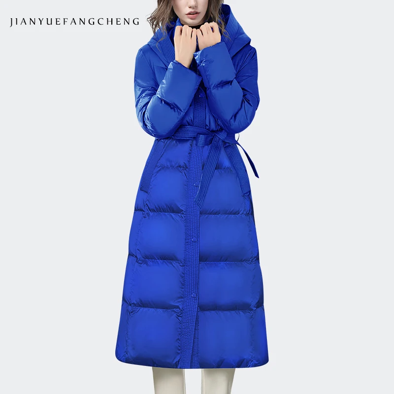 

Fashion Lengthened Women Winter Down Jacket Over-knee Windproof Hooded Trench Coat Warm Lightly White Duck Down Padding Jackets