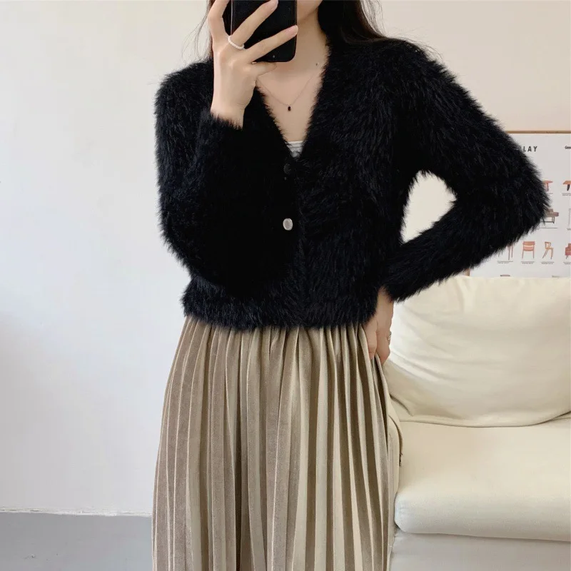 Vêtements en fourrure de vison doux pour femmes, avec une coupe paresseuse de style printemps et automne Espèrement Cardigan court pour Oupillar, Pull