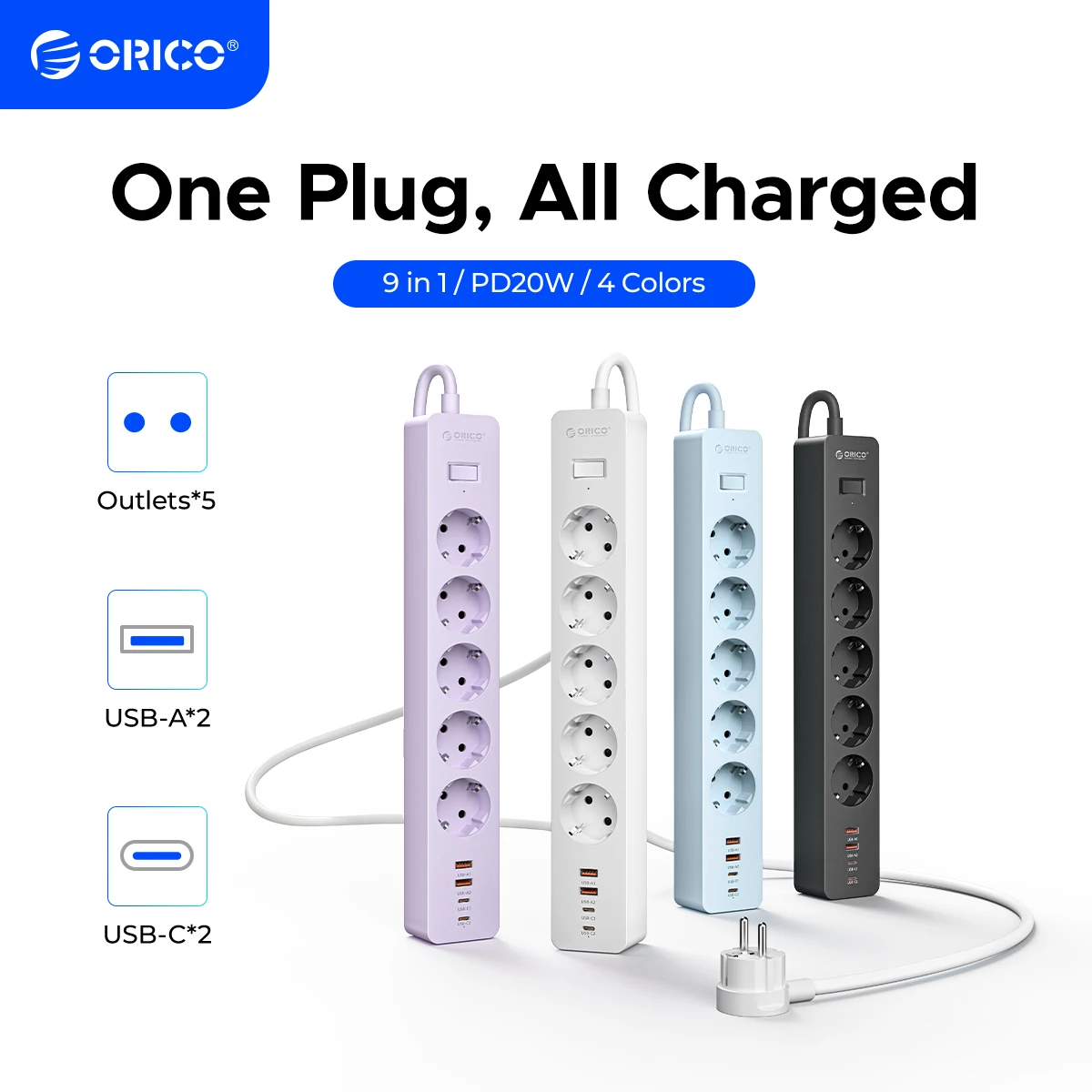 ORICO EU PD 20W Fast Charger Wall Mounting Power Strip Multi Socket Type C USB A Port 3M Electric Extension Power Cord for Home