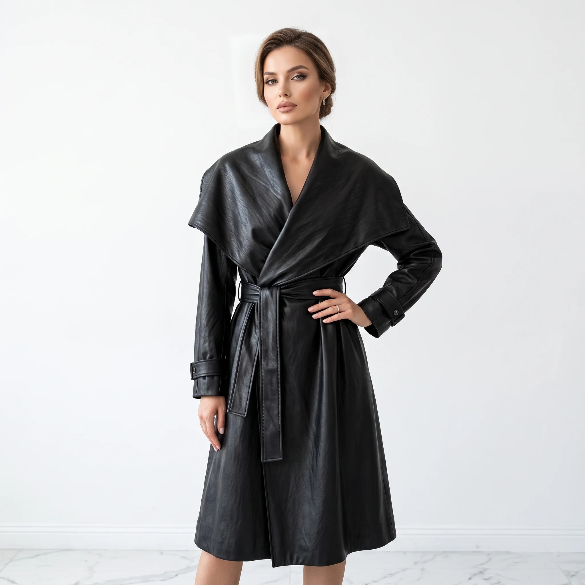 PUAL Women Large Lapel Faux Leather Trench Coat, Wrap Belted PU Long Outerwear, Cuff Strap Windbreaker