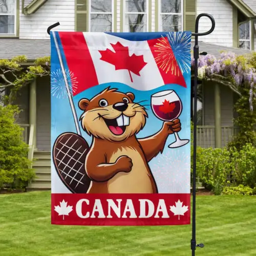 Funny Beaver Holding Red Wine Happy Canada Day Canadian Flag Garden Flag