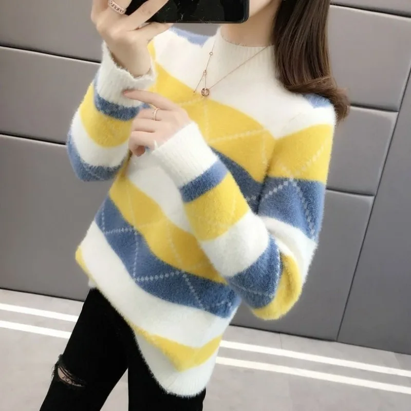 Sweater rajut wanita, atasan lengan panjang lentera berkelompok geometris warna polos Turtleneck, Pullover musim gugur musim dingin