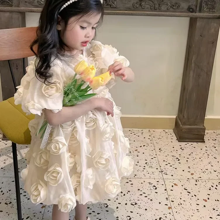 

2025 Wedding Formal Clothes New Korean Style Summer Baby Girl Dress Round Collar White Short Sleeves Princess Dresses Party