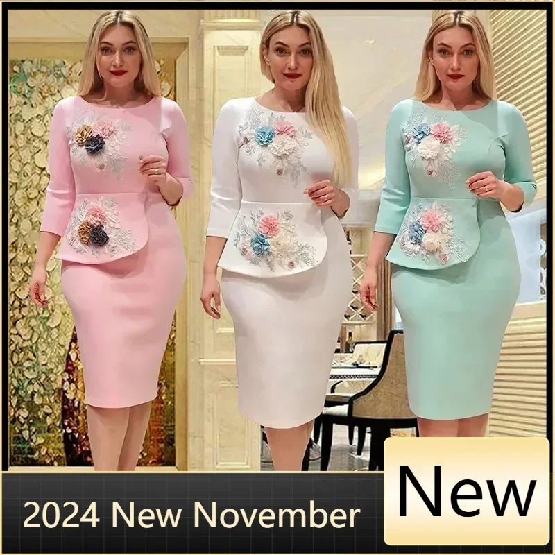 

Customized African Clothes Autumn Elegent African Wedding Party Dresses for Women African Half Sleeve O-neck White Pink Bodycon