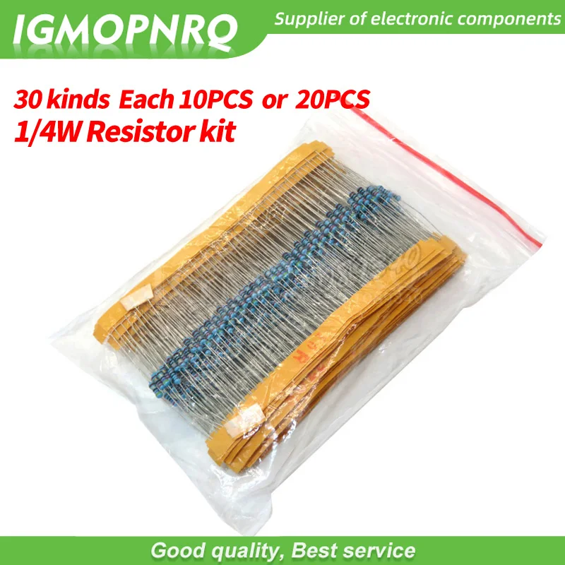 600pcs/set 30 Kinds 1/4W Resistance 1% Metal Film Resistor Pack Assorted Kit 1K 10K 100K 200K 220 ohm 1M Resistors 300pcs/set